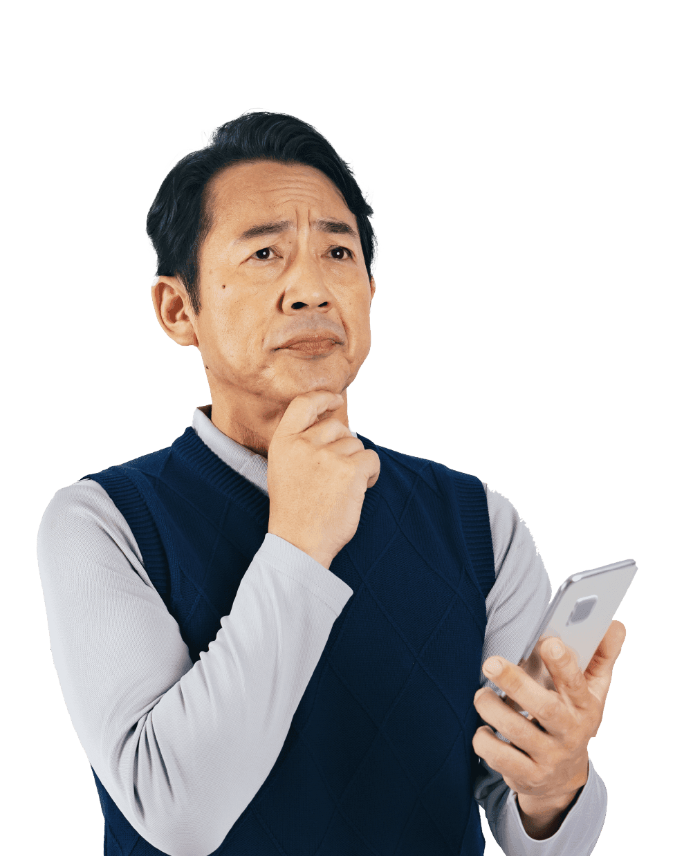 思案顔の男性、LINE導入への懸念を表現