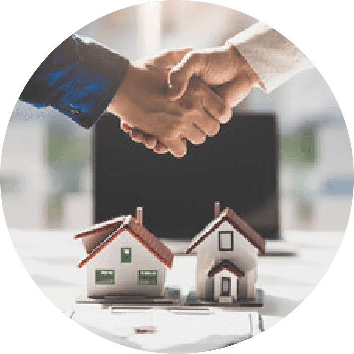 パートナーシップを表す握手とミニチュアハウスのイラスト